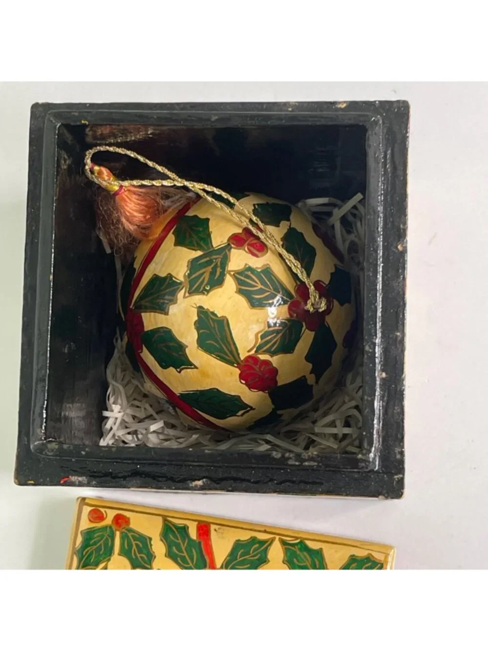 Vintage Hand Painted Wood Christmas Ornament Box Set Holy Berry Best Wishes & Co